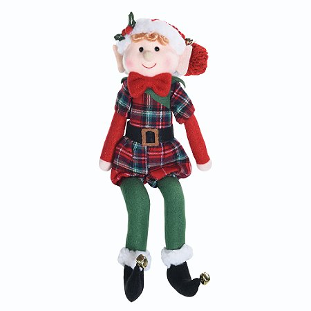 BONECO ELFO COM ROUPA XADREZ E GORRO NATALINO 36CM