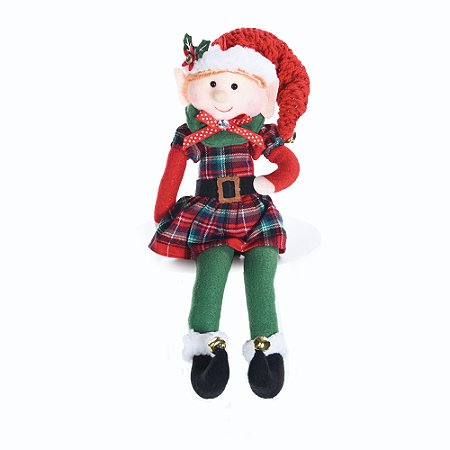 BONECO ELFO COM VESTIDO XADREZ E GORRO NATALINO 26CM