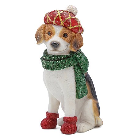 ESCULTURA CACHORRO DECOR COM CACHECOL GORRO E SAPATO 15CM