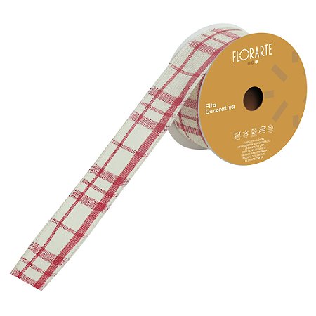 FITA  ARAMADA XADREZ C/ COSTURA BEGE E VERMELHO 3,8CMX9,14M