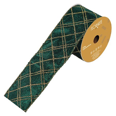 FITA ARAMADA EM VELUDO C/GLITTER VERDE E DOURADO 6,3CMX9,14M