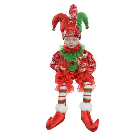 BONECO NATALINO PIERROT COM MUSICA VERMELHO E VERDE 42,5CM