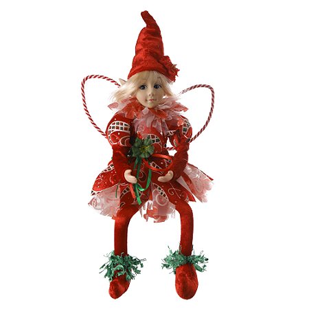 BONECA FADA NATALINA VERMELHO E VERDE 35CM FLORARTE