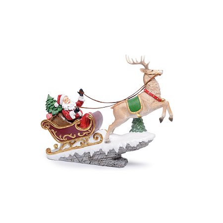 ESCULTURA PAPAI NOEL COM RENA E TRENO DECORATIVO RESINA