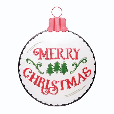 PLACA DECORATIVA NATALINA EM FORMATO DE BOLA MERRY CHRISTMAS