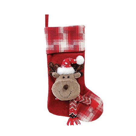 BOTA MEIA NATAL RENA COM GORRO E CACHECOL VERM XADREZ 43CM