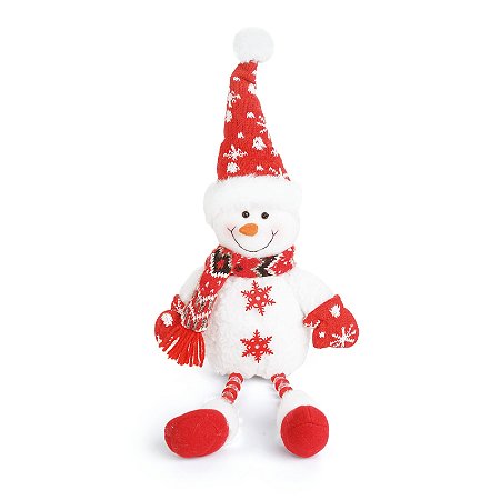 BONECO NEVE SENTADO C/LUVA CACHECOL E GORRO PERNA LONGA 43CM