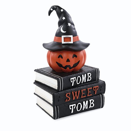 ENFEITE DE RESINA ABOBORA COM LIVROS NOITE TERROR HALLOWEEN
