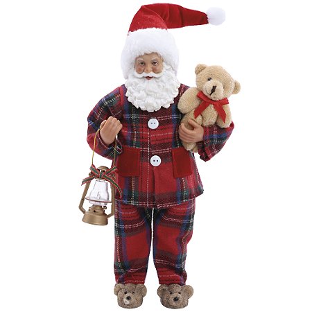 ESCULTURA NOEL COLECIONAVEL C/LANTERNA E URSO XADREZ 28CM