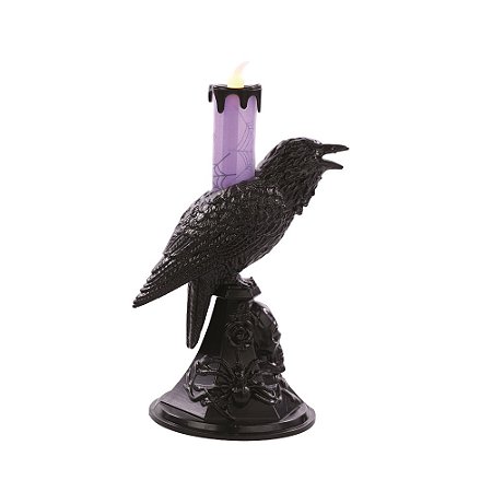 ENFEITE DECORATIVO CORVO COMPOSE COM VELA LED LILAS 20cm