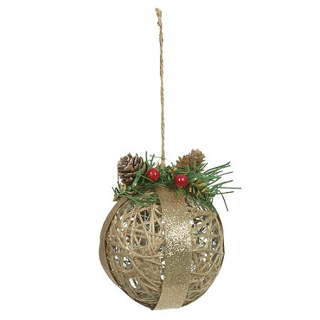 BOLA NATALINA DECORADA C/PINHA DOURADO E BEGE 10CM FLORARTE
