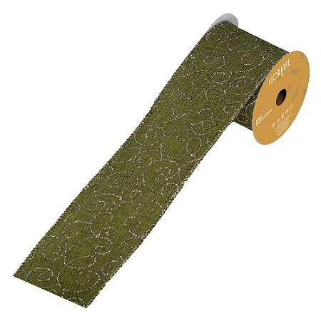 FITA ARAMADA LINHO C/ GLITTER VERDE CHAMPANHE BORDADO 9,14M