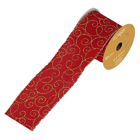 FITA ARAMADA LINHO GLITTER COSTURA VERMELHO E DOURADA 9,14M