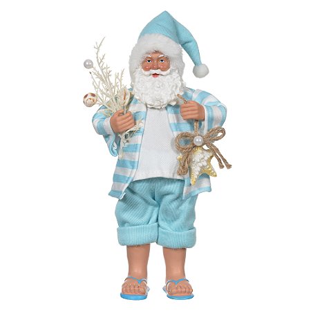 PAPAI NOEL COLECIONAVEL EM RESINA NA PRAIA AZUL 30CM
