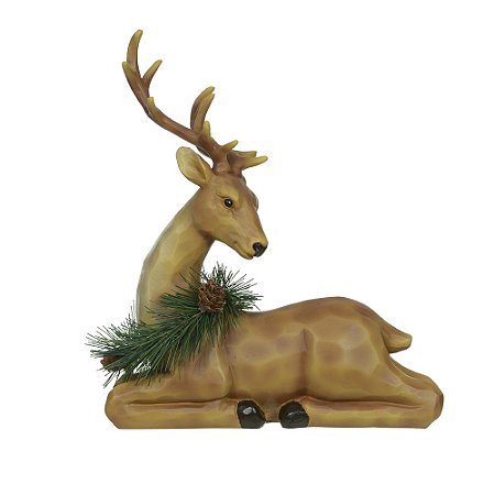 ESCULTURA RENA DEITADA DECOR COM GUIRLANDA 23CM FLORARTE