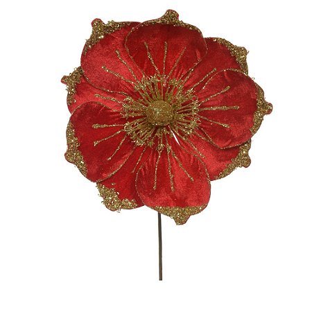 FLOR MAGNOLIA NATALINA VERMELHA COM GLITTER DOURADO 22CM