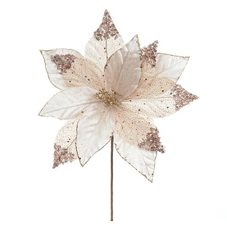 FLOR BICO PAPAGAIO AVELUDADO COM GLITTER CHAMPANHE 30CM