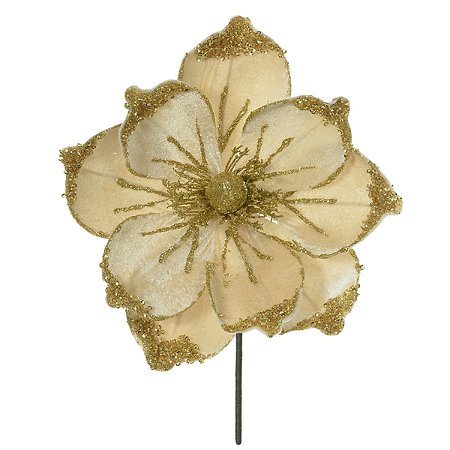 FLOR MAGNOLIA BEGE GLITTER DOURADO 22CM FLORARTE