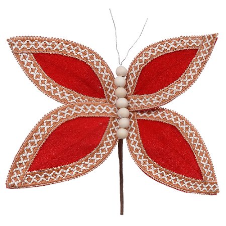 BORBOLETA AVELUDADO VERMELHO E BEGE 25CM FLORARTE