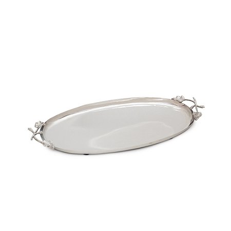 BANDEJA DE METAL DECORATIVA OVAL FLOR PRATA 46CM