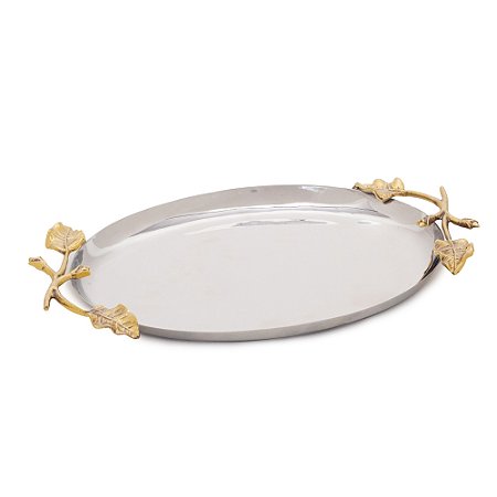 BANDEJA DECORATIVA EM METAL OVAL COM FLOR PRATA/OURO 27CM