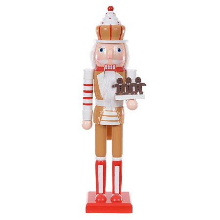 BONECO EM MADEIRA QUEBRA NOZES BEGE E VERMELHO 38X8,4CM