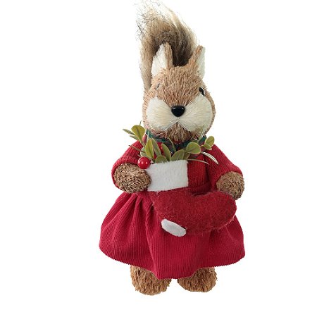 MENINA ESQUILO EM PE COM MEIA DE NATAL VERMELHA FLORARTE 23CM