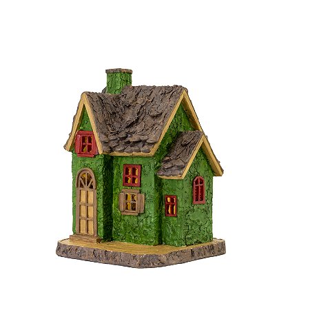 ENFEITE CABANA NATALINA VERDE RUSTICA COM LED EM RESINA