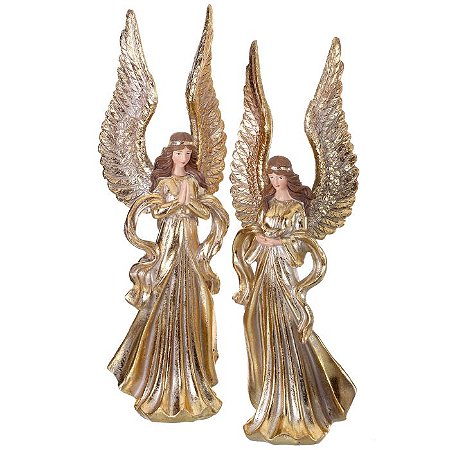 CJ 2 PECAS ANJOS DOURADOS DECOR DE NATAL EM RESINA 32CM