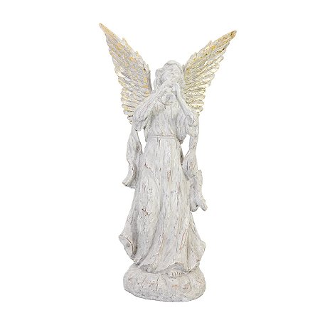 ESCULTURA DECORATIVA EM RESINA ANJO COM TROMPETE 34CM