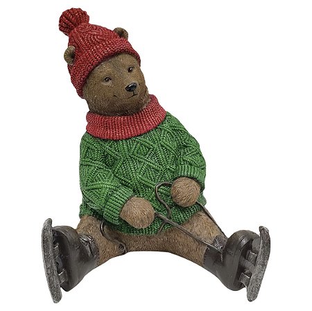 ESCULTURA URSO POLAR EM RESINA DE PATINS E GORRO VERMELHO