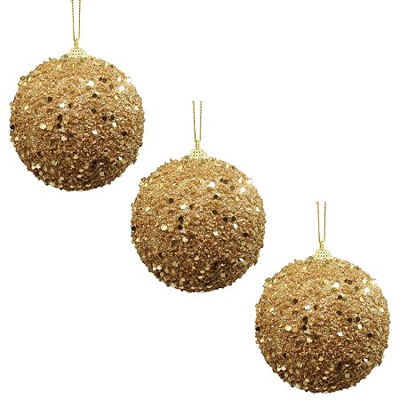 TRIO DE BOLAS NATALINAS DECORADA DOURADA COM BRILHO - 10CM