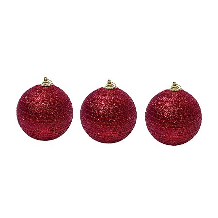 TRIO DE BOLAS NATALINAS DECORADA VERMELHA COM BRILHO - 10CM