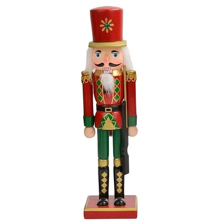 BONECO QUEBRA NOZES EM MADEIRA VERMELHO E VERDE 30CM