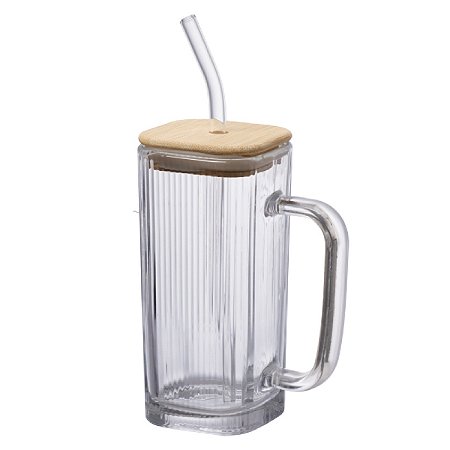 CANECA VIDRO TAMPA BAMBU CANUDO GRAFFIATO 290 ML HAUSKRAFT