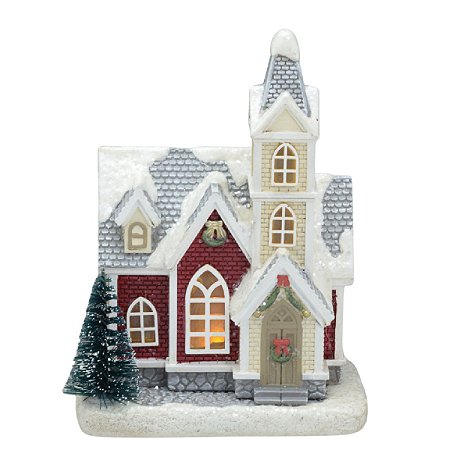 CASA NATALINA EM RESINA COLORIDA COM LUZ DE LED 15CM