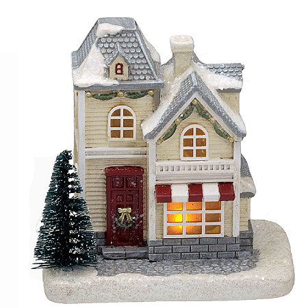 CASA NATALINA EM RESINA BEGE E CINZA COM LUZ DE LED 11CM