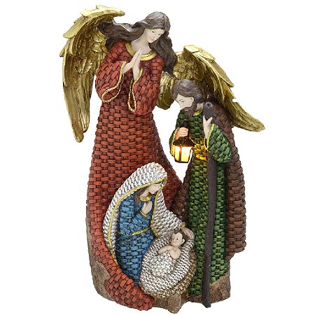 ESCULTURA SAGRADA FAMILIA RESINA COM ANJO E LED 35CM