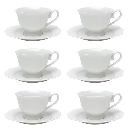 JOGO 6 XICARAS DE PORCELANA COM PIRES MALDIVAS BRANCO 180ML