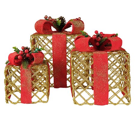 CONJUNTO 3 CAIXAS PRESENTES DECOR 25CM DOURADO VERMELHO