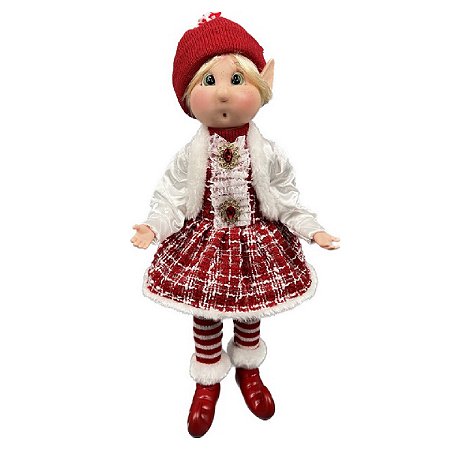 DUENDE EM PE DE VESTIDO VERMELHO E BLAZER BRANCO - 43CM
