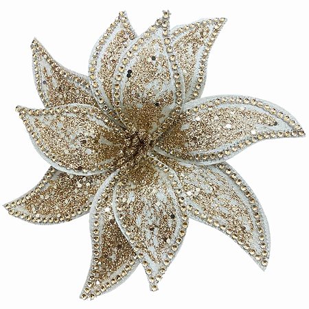 POINSETIA DECORATIVA DOURADA COM GLITTER 12CM