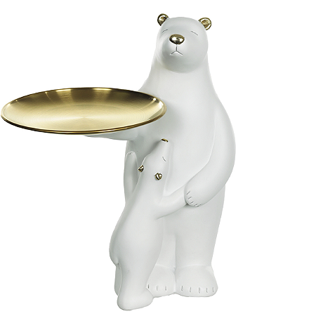 ESCULTURA DECOR RESINA URSO BRANCO DOURADO COM BANDEJA 30cm