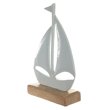 ESCULTURA DECORATIVA  BARCO EM METAL BRANCO FLORARTE 22CM