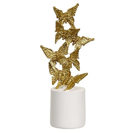 ESCULTURA BORBOLETAS DECOR POLIRESINA DOURADO E BRANCO 27cm