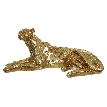 ESCULTURA DECORATIVA LEOPARDO DEITADO EM RESINA DOURADO 25CM