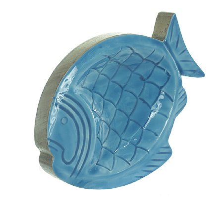 ESCULTURA DECORATIVA EM MADEIRA PEIXE AZUL FLORARTE 29CM