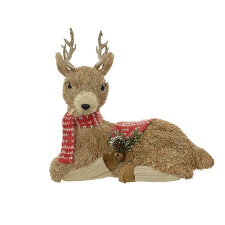 RENA EM PALHA SENTADA COM CACHECOL VERMELHO 26CM FLORARTE