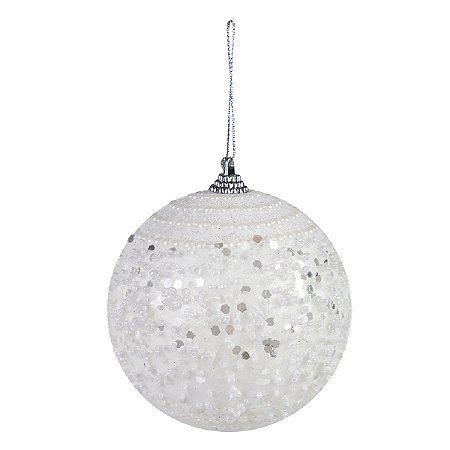 BOLA DECORADA NATALINA NA COR BRANCA 10CM FLORARTE