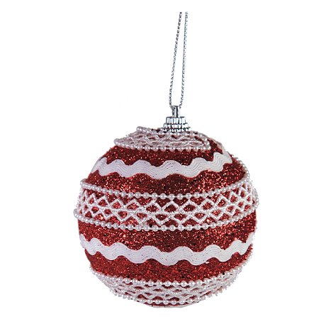 JG 3 BOLA DECORADA NATALINA VERMELHA NO PVC 8CM